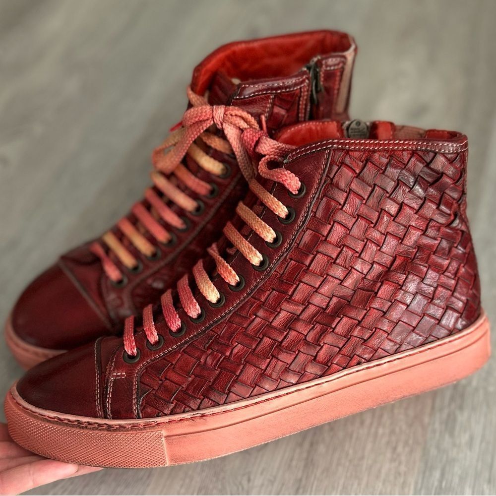 Rosso Fiorentino Mens Handmade Italy Leather Dip-Dyed Woven High Top Shoes 8.5
